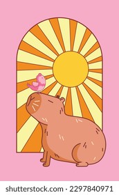 Cute cartoon capybara with little pink bird over sun retro illustration.