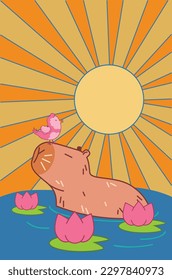 Cute cartoon capybara with little pink bird over sun retro illustration.