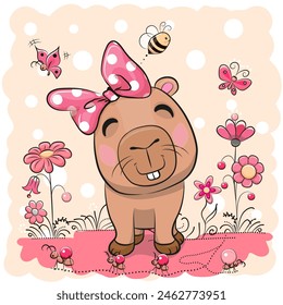 Cute Cartoon Capybara on a meadow with flowers and butterflies