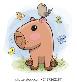 Cute Cartoon capybara on the neadow with bird