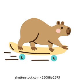 Cute cartoon capybara on skateboard. Hand drawn vector illustration. Funny animal isolated on white. Naive childish design. Cool comic character, kids poster, card, social media banner.