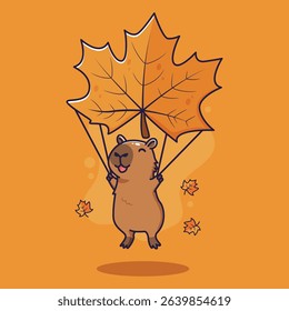 cute cartoon capybara parachuting using maple leaves in autumn. vector illustration