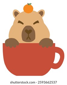 Un tierno capibara de dibujos animados se asoma a una Grande taza roja, luciendo una naranja en su cabeza, exudando un ambiente caprichoso y juguetón.