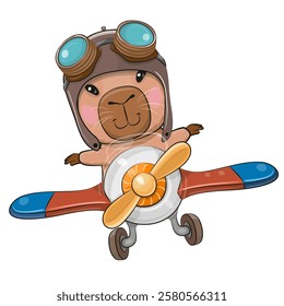 Cute cartoon Capybara in a pilot hat is flying on a plane