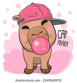 Cute Cartoon Capybara in pink cap with bubble gum