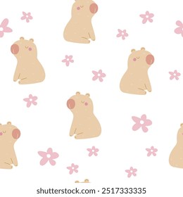 Cute cartoon capybara with pink flowers seamless pattern. Childish print. Vector hand drawn illustration.