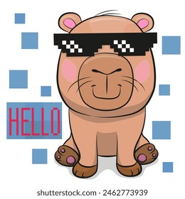 Cute Cartoon Capybara in pixel sun glasses isolated on a white background