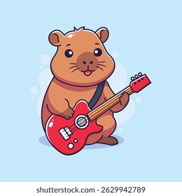 cute cartoon capybara playing electric guitar. vector illustration