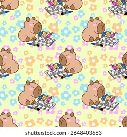 Bonito capivara de desenho animado tocando instrumentos musicais