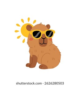 Capivara de desenho animado bonito relaxando em uma praia sob o sol de verão. Perfeito para projetos temáticos de verão, gráficos de férias e ilustrações infantis.