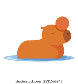 Capibara lindo de la historieta que se relaja en el agua con una naranja equilibrada en su cabeza