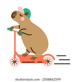 Cute cartoon capybara riding scooter. Hand drawn vector illustration. Funny animal isolated on white. Naive childish design. Cool comic character, kids poster, card, social media banner.