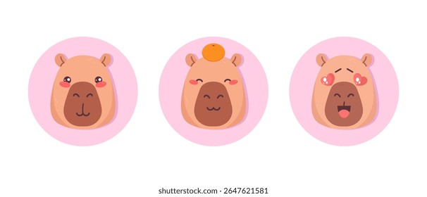 Bela imagem capybara em torno de ícones. Ícones planos do Capybara. Ilustração vetorial