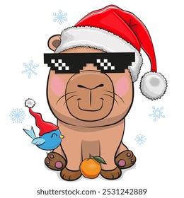 Cute Cartoon Capybara in Santa hat isolated on a white background