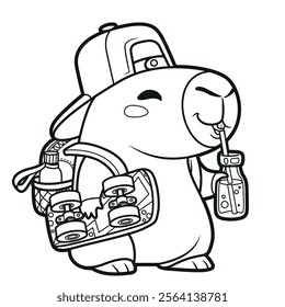 Cute cartoon capybara in school backpack with a skateboard under arm outlined for coloring page on white background. Image produced without the use of any form of AI software at any stage.