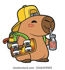 Cute cartoon capybara in school backpack with a skateboard under arm on white background