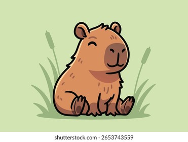 Cute Cartoon Capybara Sitting in Grass - Adorable Rodent Illustration with Friendly Smile for Kids' Nature and Wetland Designs. Vector Illustration