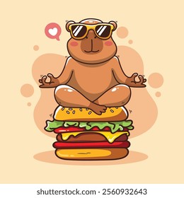 Cute cartoon capybara sitting on big hamburger. Vector illustration.