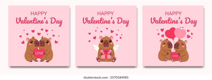 Cute cartoon capybara are sitting on a pink background with hearts and Valentine's Day decorations. The animals are holding a heart-shaped box and a balloon, and they are hugging each other