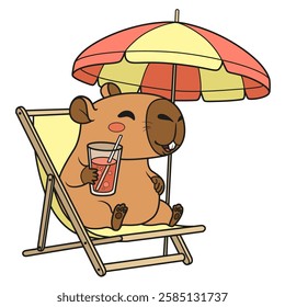 Cute cartoon capybara sitting in sun lounger under an umbrella and relaxing with drink in a glass