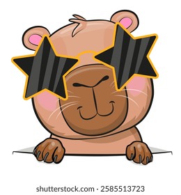 Cute Cartoon Capybara in stars sun glasses isolated on a white background