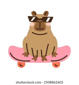 Cute cartoon capybara in sunglasses on skateboard. Hand drawn vector illustration. Funny animal isolated on white. Naive childish design. Cool comic character, kids poster, card, social media banner.