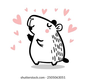 Cute cartoon capybara surrounded by pink hearts on white background, vector coloring page