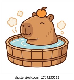 Bonito capibara de dibujos animados tomando un baño en una bañera de agua termal de madera con una naranja yuzu en la cabeza. Kawaii Ilustración vectorial de un animal relajante en un onsen japonés, aislado en blanco. Perfecto para el diseño de camisetas de spa y pegatinas de bienestar.