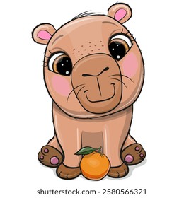 Cute Cartoon capybara with tangerine on a white background