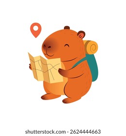 Viajante bonito capivara cartoon com uma mochila e mapa, explorando um novo destino. Perfeito para projetos com temas de viagem, ilustrações de aventura, livros infantis e gráficos para caminhadas