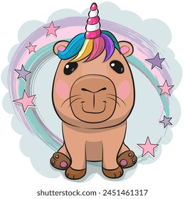 Cute Cartoon Capybara with Unicorn horn isolated on a white background