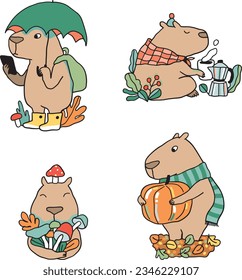 Cute cartoon capybara vector illustration. Autumn capybaras with umbrella, coffee pot, mushrooms and pumpkin. Autumnal harvest season and funny pet animals.