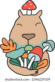 Cute cartoon capybara vector illustration. Autumn capybaras with mushrooms. Autumnal harvest season and funny pet animals.