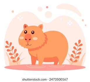 Cute cartoon capybara in water, vector illustration in flat style
