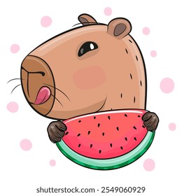 Cute Cartoon Capybara with watermelon on a white background