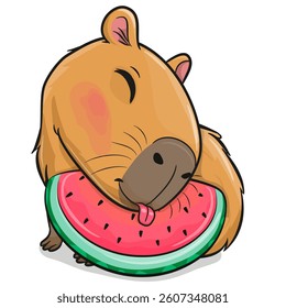 Cute Cartoon Capybara with watermelon on a white background