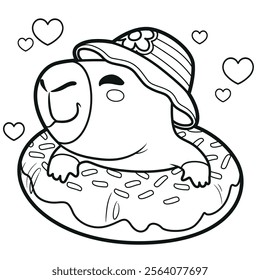 Cute cartoon capybara wearing a panama hat and floating on an inflatable ring outlined for coloring page on white background