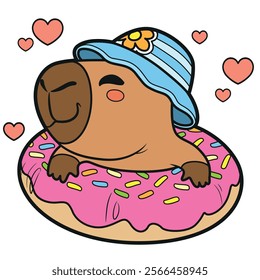 Cute cartoon capybara wearing a panama hat and floating on an inflatable ring outlined for coloring page on white background