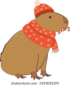 Cute cartoon capybara wears red winter scarf, Christmas themed illustration.