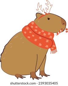 Cute cartoon capybara wears red winter scarf, Christmas themed illustration.