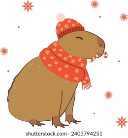 Cute cartoon capybara wears red winter scarf, Christmas themed illustration.