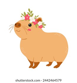 Cute cartoon capybara with a wreath on his head vector children's illustration. For poster, greeting card and children's design.