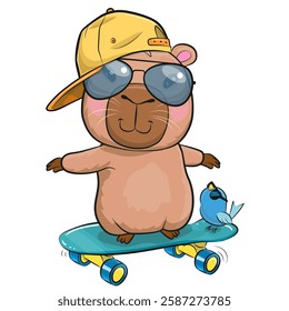 Cute Cartoon Capybara with a yellow cap and a skateboard