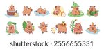 Cute cartoon capybaras characters. Funny exotic animals in different actions, they swim, relax, walk and eat, kawaii biggest adorable baby rodent, tidy vector cartoon flat isolated set