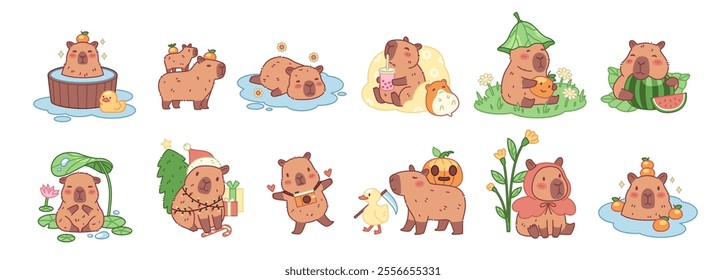 Cute cartoon capybaras characters. Funny exotic animals in different actions, they swim, relax, walk and eat, kawaii biggest adorable baby rodent, tidy vector cartoon flat isolated set