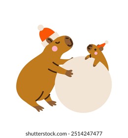 Cute cartoon capybaras making snowman. Hand drawn vector illustration. Funny animal isolated on white. Naive Christmas childish design. Cool comic character, kids poster, card, social media banner.