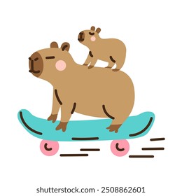 Cute cartoon capybaras on skateboard. Hand drawn vector illustration. Funny animal isolated on white. Naive childish design. Cool comic character, kids poster, card, social media banner.