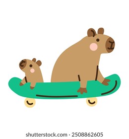 Cute cartoon capybaras on skateboard. Hand drawn vector illustration. Funny animal isolated on white. Naive childish design. Cool comic character, kids poster, card, social media banner.