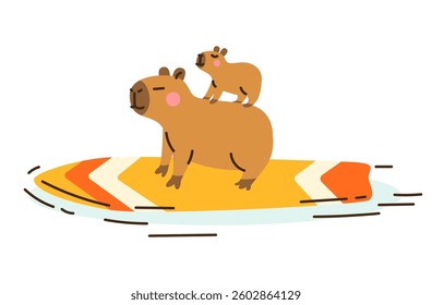 Cute cartoon capybaras on surfboard. Hand drawn vector illustration. Funny animal isolated on white. Naive childish design. Cool comic summer character, kids poster, card, social media banner.