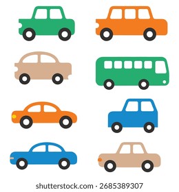 Lindo coche de dibujos animados y autobús Vector Icon Set. Una colección de coloridas Ilustraciones vectoriales de transporte para niños.

